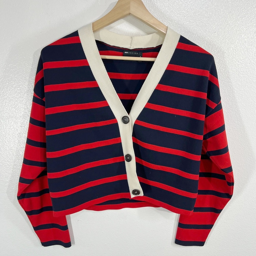 ASOS DESIGN Red Navy Blue Striped Cropped Cardigan White Trim V-Neck Women XS